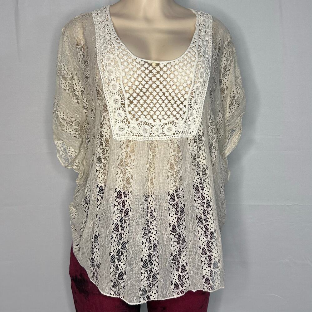 Lavish Plus Size Lace Tunic Top Cutout Back Boho Crochet Cream 2X
